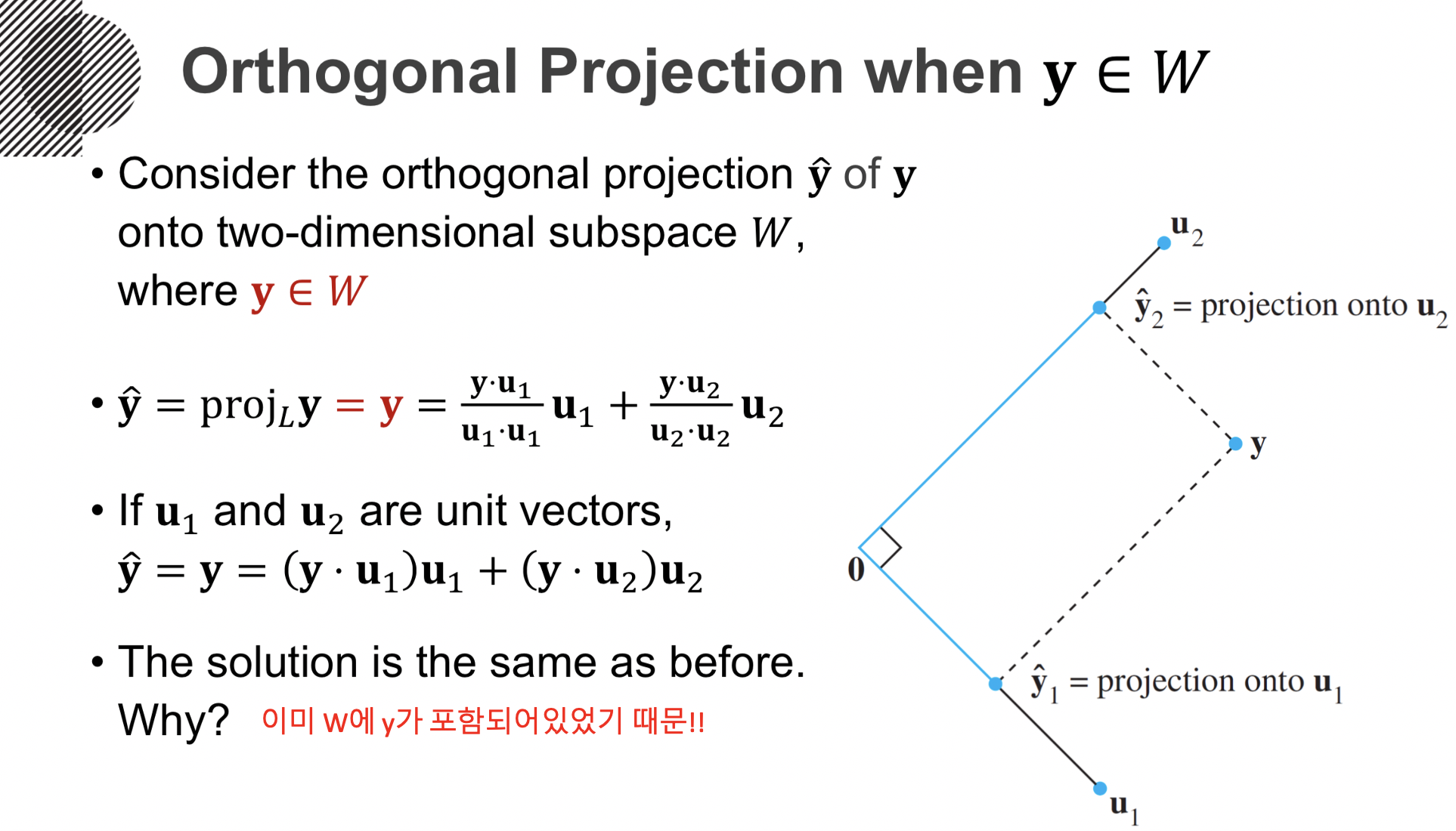 Orthogonal Projection when y in W